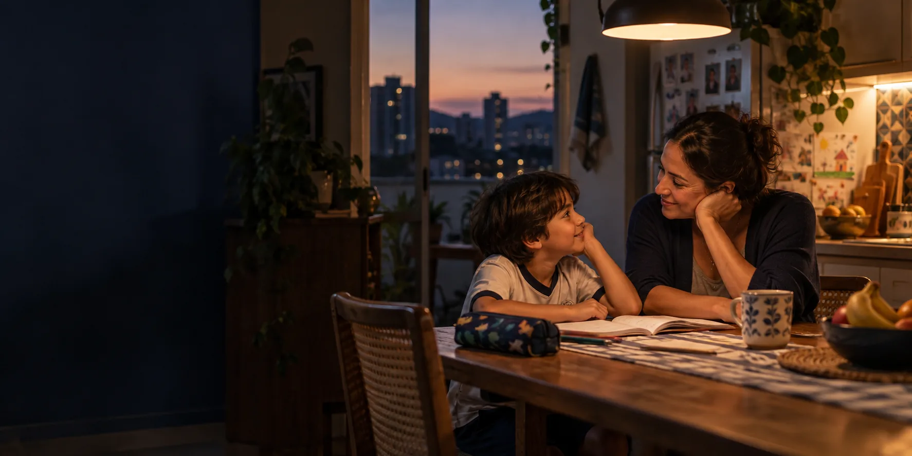 Cena ilustrativa de uma mãe e uma criança conversando à mesa de casa